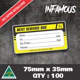 100x Custom Next Service Due Label Stickers 35x65mm Maintenance Vehicle SERV10