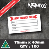 100x Custom Next Service Due Label Stickers 70x40mm Maintenance Vehicle SERV4