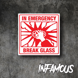 In Emergency break Glass sticker 150mm oh&s safety water/fade proof