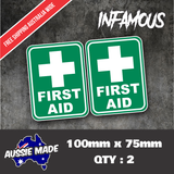 2 x First Aid Sticker 100mm Decal OHS WHS Car Window Work Ute 4x4 4wd Safety