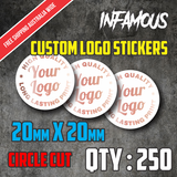 CUSTOM STICKERS 20mm Circles QTY 250 custom logo printed high quality premium