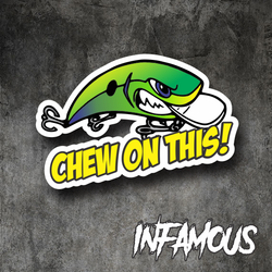 CHEW ON THIS Sticker 150mm funny fishing tackle boat 4x4 car window decal